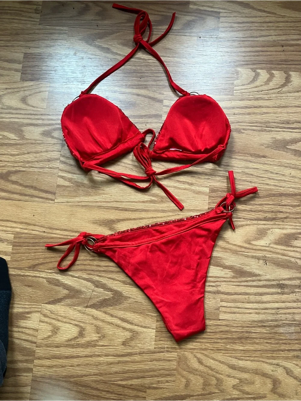 Sequin Tie Bikini Set - Red